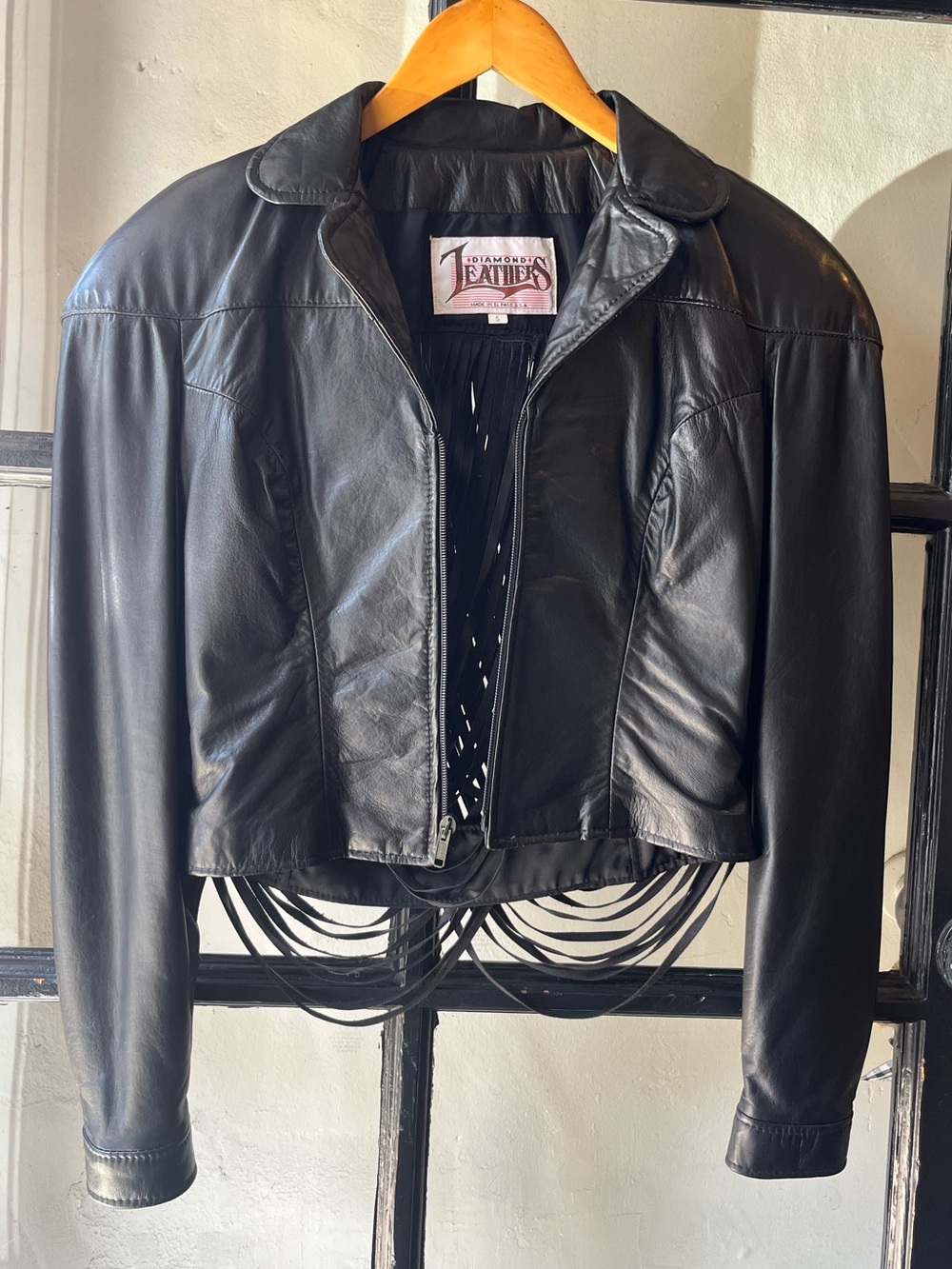 Amazing Vintage 80’s 90’s Cut Out Black Fringe Back Leather Jacket